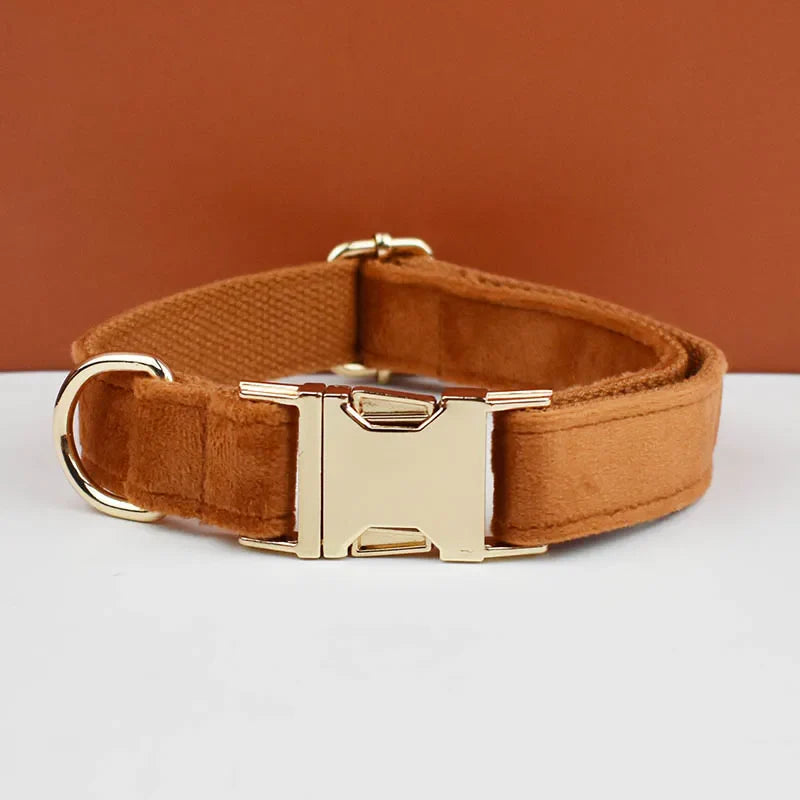 Custom Engraved Velvet Collar & Bow Tie - Caramel Mustard
