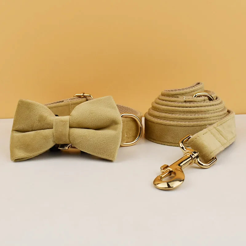 Custom Engraved Velvet Collar & Bow Tie - Caramel Mustard