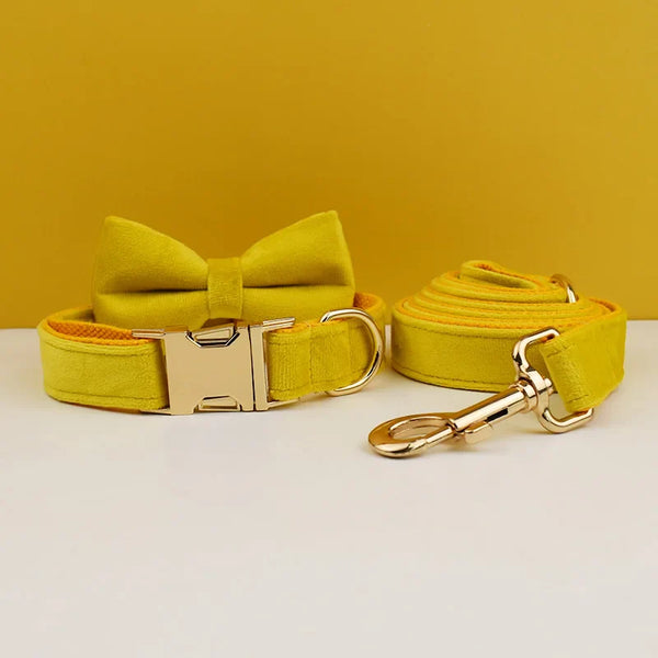 Custom Engraved Velvet Collar & Bow Tie - Sunflower Yellow