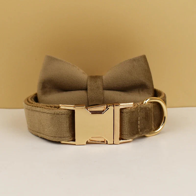 Custom Engraved Velvet Collar & Bow Tie - Espresso Brown
