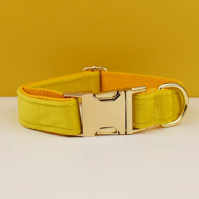 Custom Engraved Velvet Collar & Bow Tie - Caramel Mustard
