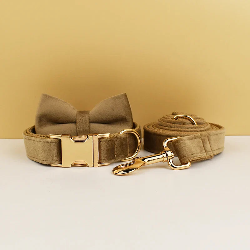 Custom Engraved Velvet Collar & Bow Tie - Espresso Brown