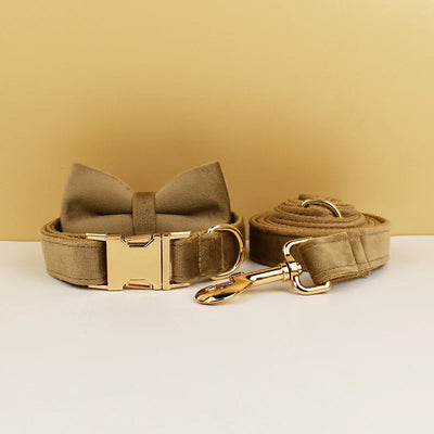 Custom Engraved Velvet Collar & Bow Tie - Caramel Mustard