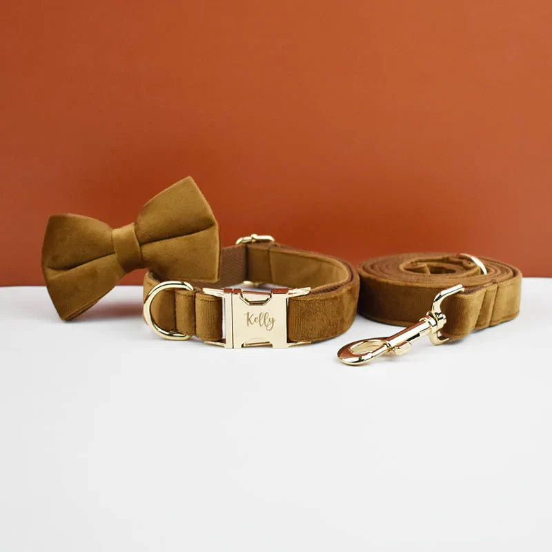 Custom Engraved Velvet Collar & Bow Tie - Caramel Mustard